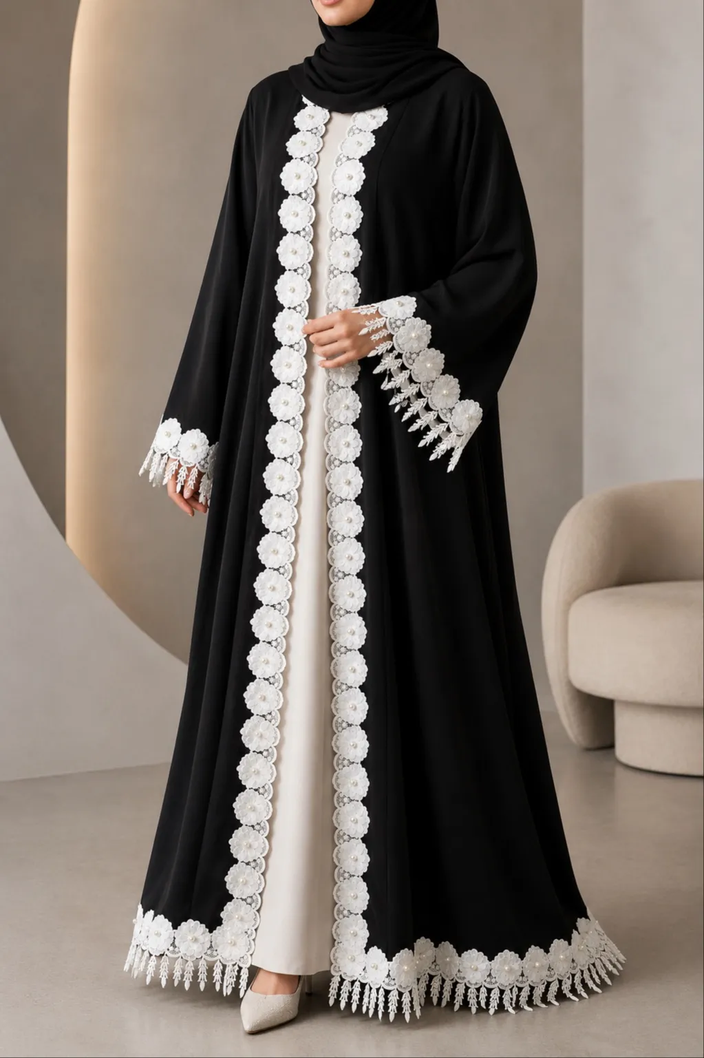 Noir Pearl Lace Abaya