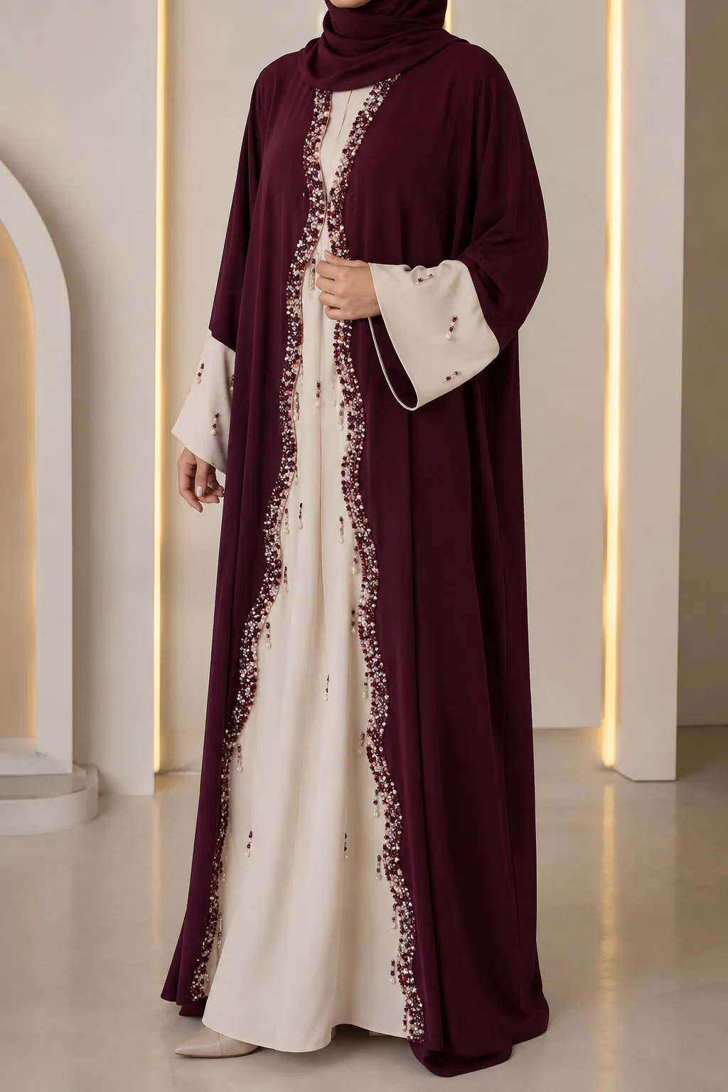 Burgundy Contrast Abaya
