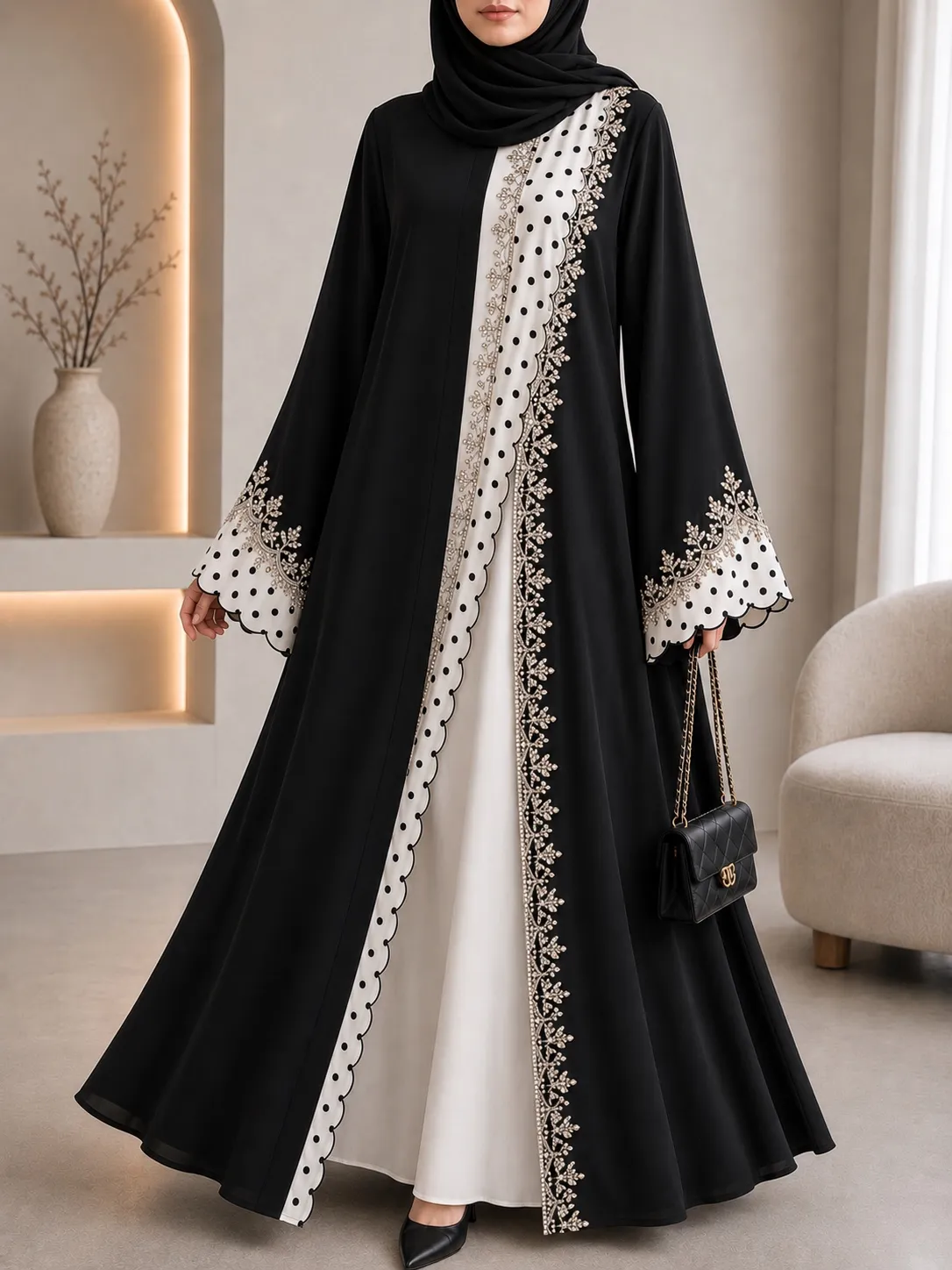 Crystal Embellished Polka Dot Open Abaya