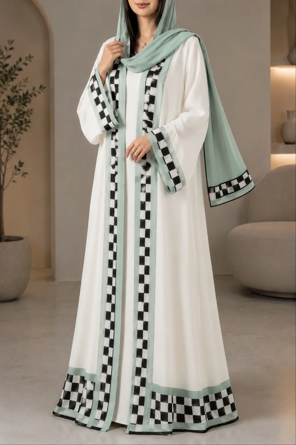 Checkered Trim Open Abaya