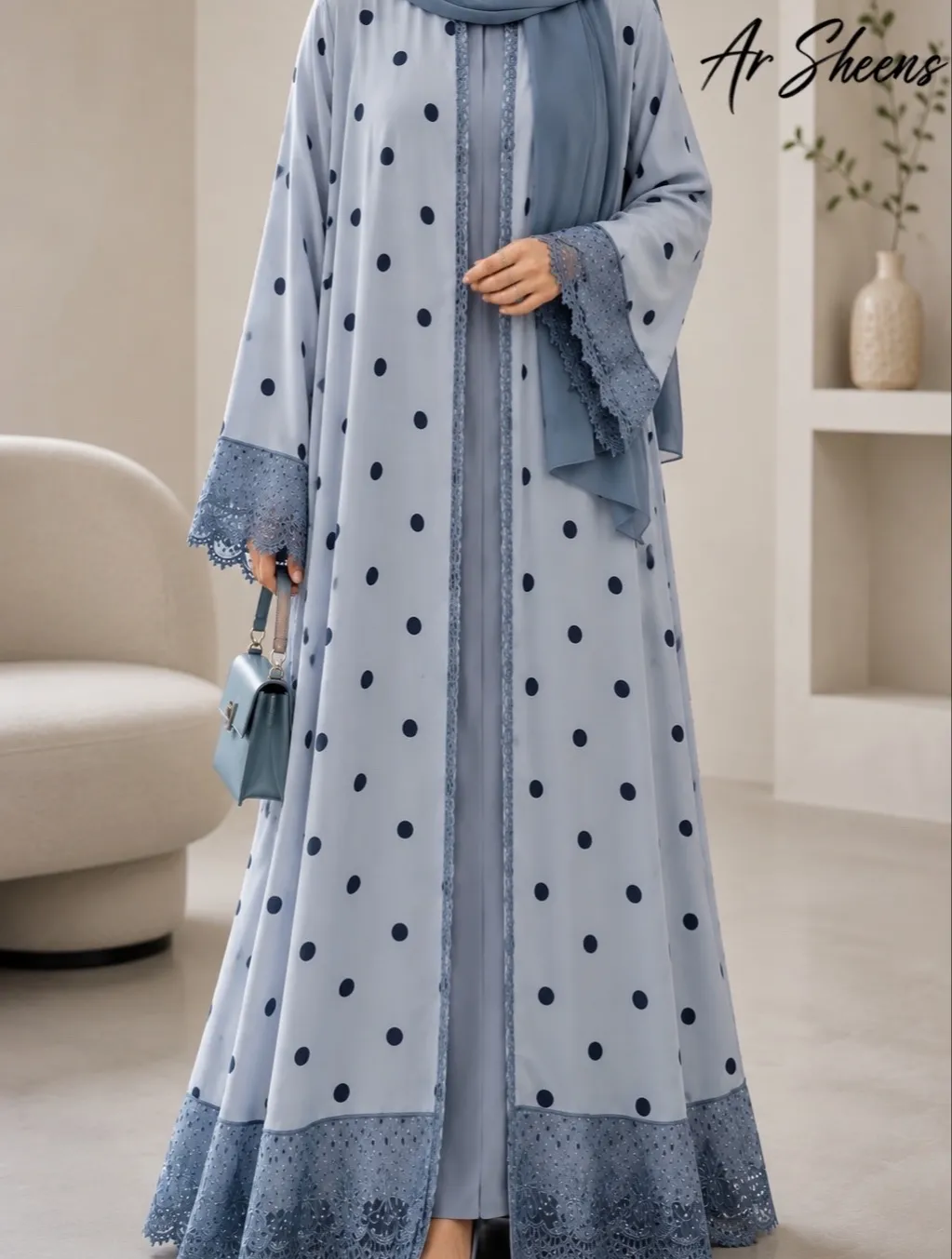 Sky Blue Polka Dot Lace Abaya