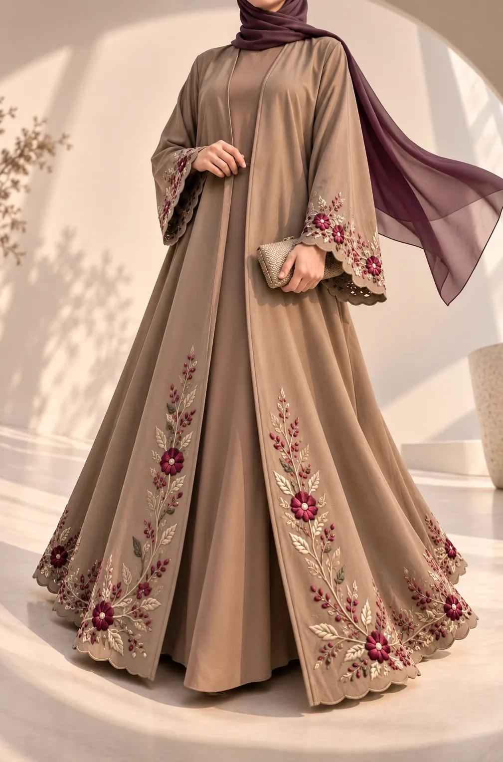 Burgundy Bloom-Luxury Floral Embroidered Mocha Abaya