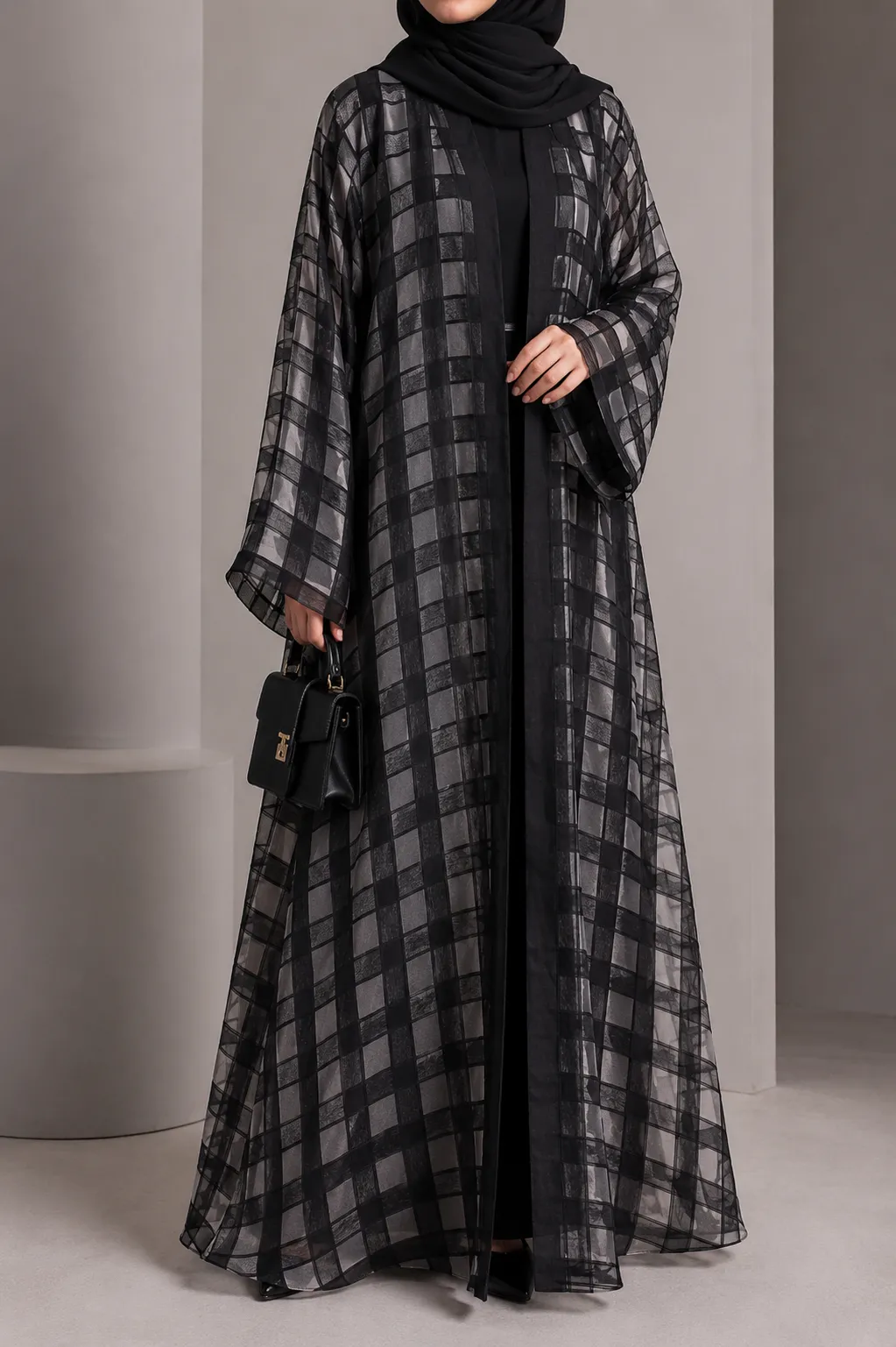Midnight Check Organza Three-Piece Abaya Set