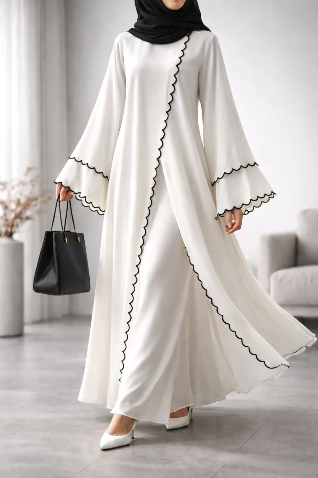 Ivory Wave Embroidered Abaya